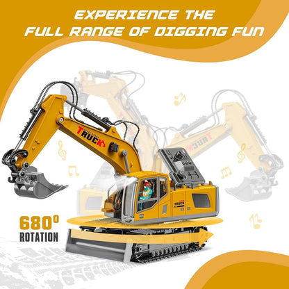 RC Metal Excavator, 13-channel with metal shovel, Smoke, Sound & Lights & 680° Rotation Vehicle for Boys & Adults