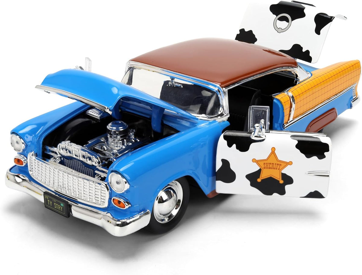 Toy Story Woody 1955 Chevrolet Bel Air Die-Cast Car with Figure 1:24 Scale – Hollywood Rides Collectible Toys