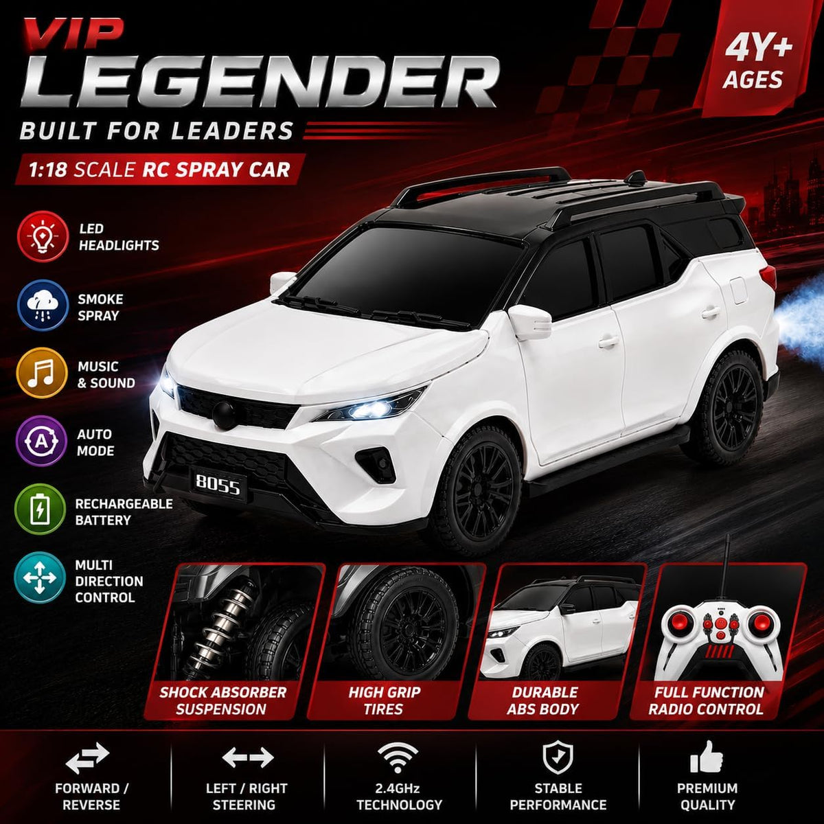 SUV RC VIP Legender with Smoke 1:18 Scale, Rechargeable Remote Control Car with LED Lights Music, USB Charging, 2.4GHz Controller, Toy Car for Kids