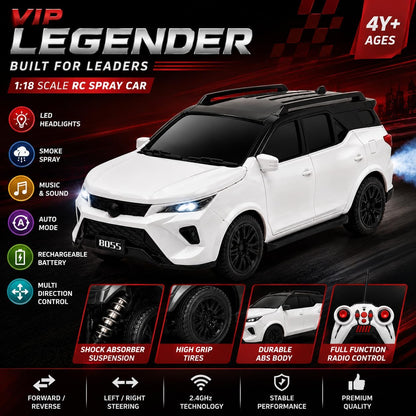 SUV RC VIP Legender with Smoke 1:18 Scale, Rechargeable Remote Control Car with LED Lights Music, USB Charging, 2.4GHz Controller, Toy Car for Kids