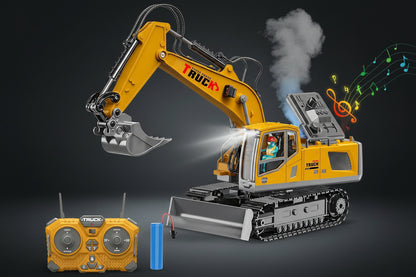 RC Metal Excavator, 13-channel with metal shovel, Smoke, Sound & Lights & 680° Rotation Vehicle for Boys & Adults