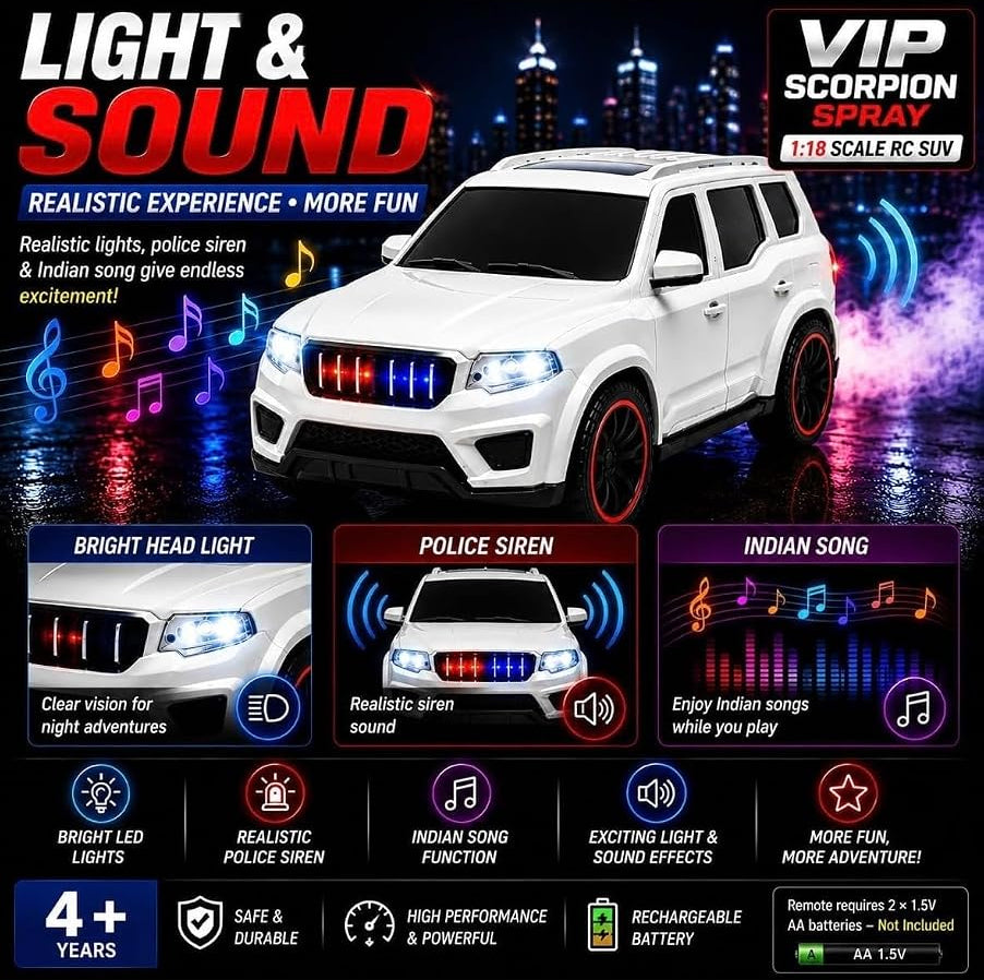 VIP Scorpion Spray RC SUV 1:18 Scale, 7 Function Remote Control with Smoke, Rechargeable Remote Control Car with LED Lights Music, USB Charging, 2.4GHz Controller, Toy Car for Kids