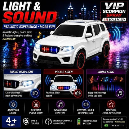 VIP Scorpion Spray RC SUV 1:18 Scale, 7 Function Remote Control with Smoke, Rechargeable Remote Control Car with LED Lights Music, USB Charging, 2.4GHz Controller, Toy Car for Kids