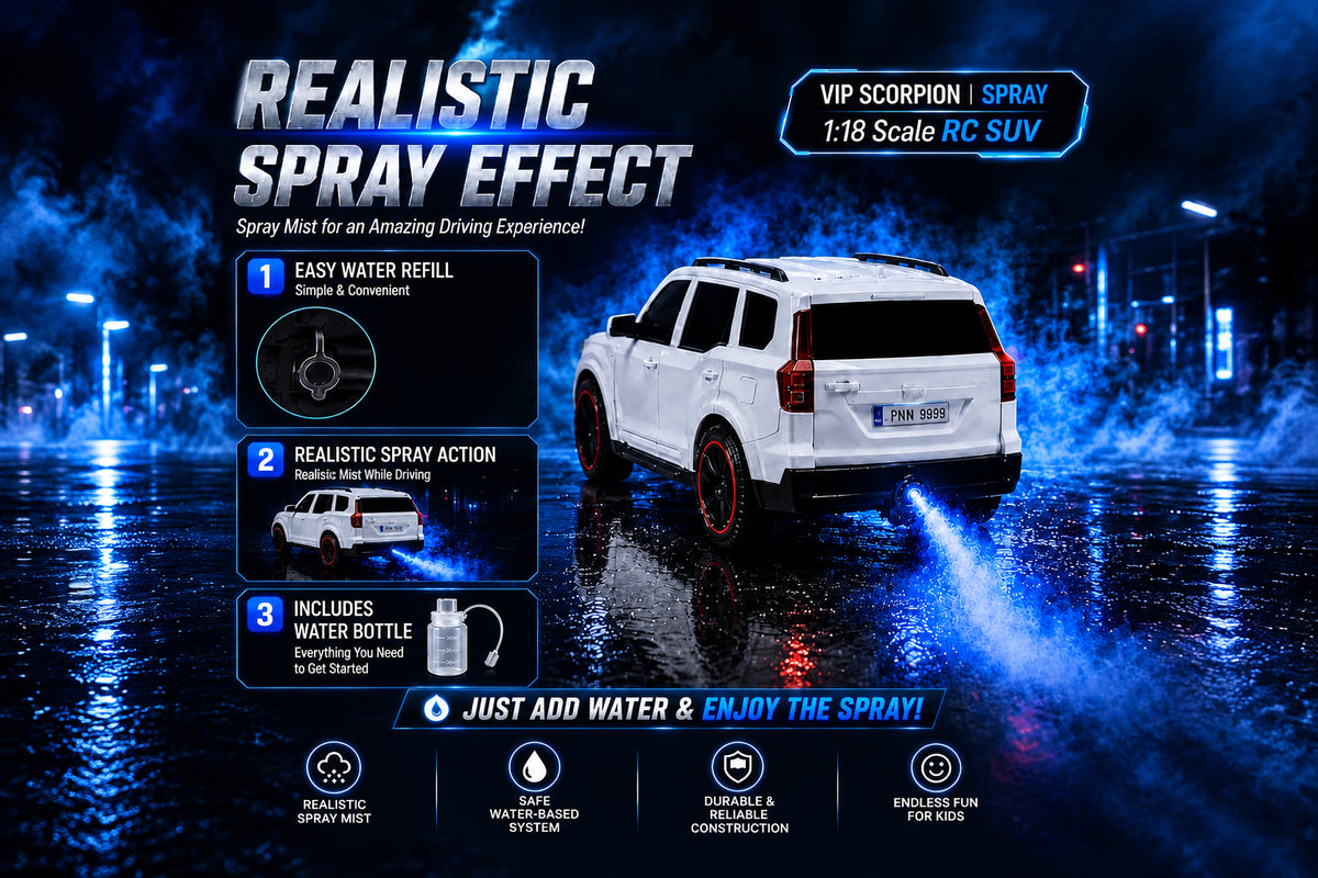 VIP Scorpion Spray RC SUV 1:18 Scale, 7 Function Remote Control with Smoke, Rechargeable Remote Control Car with LED Lights Music, USB Charging, 2.4GHz Controller, Toy Car for Kids