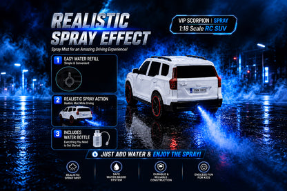 VIP Scorpion Spray RC SUV 1:18 Scale, 7 Function Remote Control with Smoke, Rechargeable Remote Control Car with LED Lights Music, USB Charging, 2.4GHz Controller, Toy Car for Kids