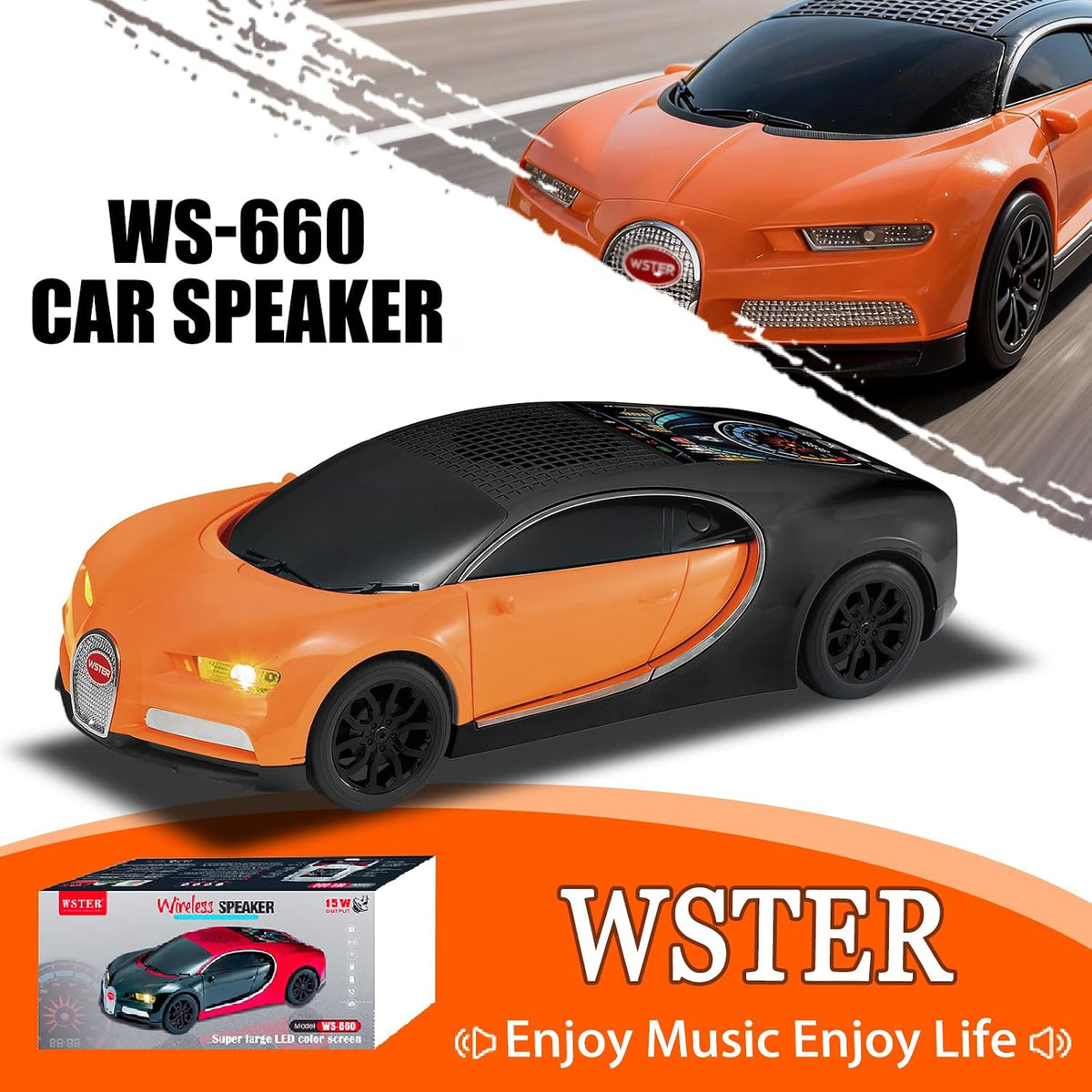 Bugatti Chiron Wster WS-660 Wireless Bluetooth Speaker 15 Watts| With LED Party Light, TWS Pairing, FM Radio, USB, TF Card, Portable Speaker
