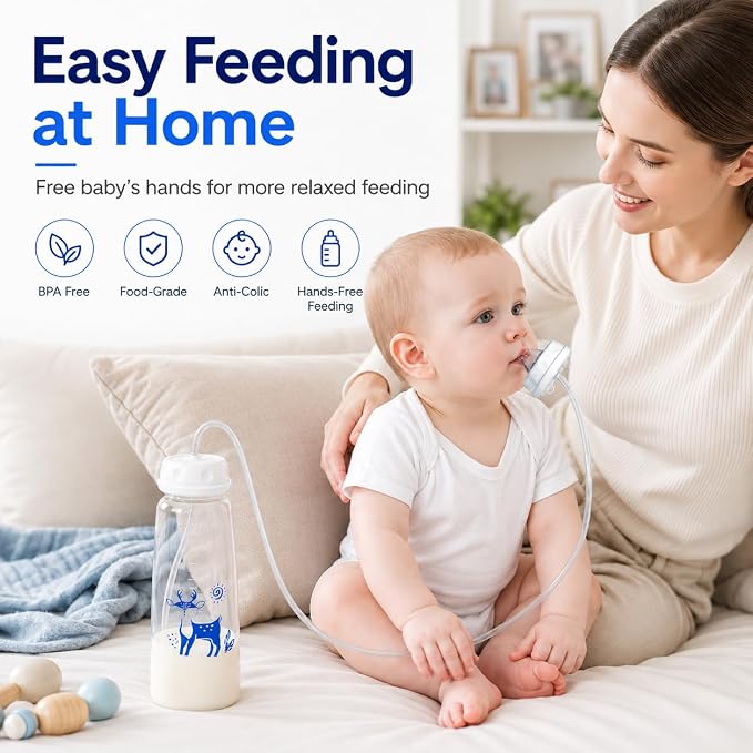 Hands-Free Anti-Colic Milk Feeding Bottle, 240ml Silicone Adjustable Leakproof Baby Milk Bottle with Straw and Fast Flow Nipple