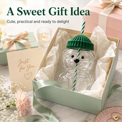 Teddy Bear Glass Cup With Straw for Smoothies, Boba & Iced Coffee