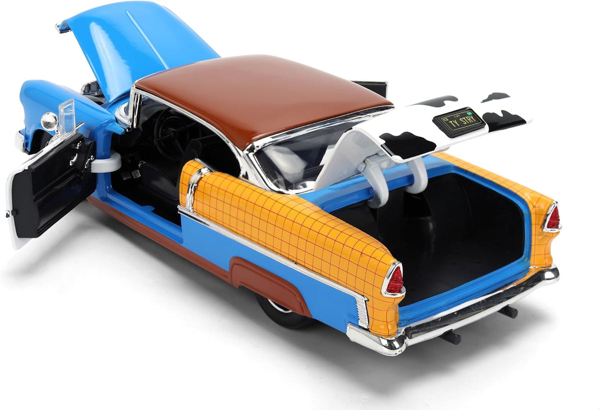 Toy Story Woody 1955 Chevrolet Bel Air Die-Cast Car with Figure 1:24 Scale – Hollywood Rides Collectible Toys