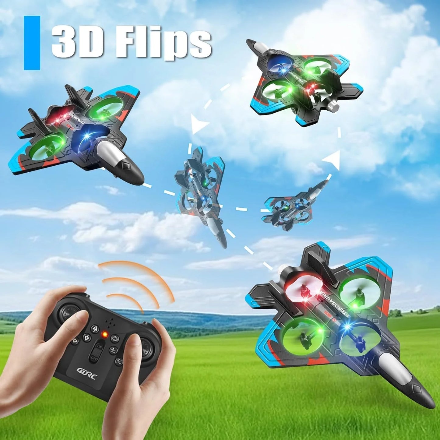 RC Airplane/Jet with Lights 2.4 GHZ | Beginner Remote-Control Jet Plane for Kids & Adults | One-Key Takeoff, Rechargeable Battery, Stunt Mode, Indoor/Outdoor Toy