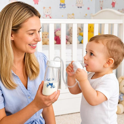 Hands-Free Anti-Colic Milk Feeding Bottle, 240ml Silicone Adjustable Leakproof Baby Milk Bottle with Straw and Fast Flow Nipple
