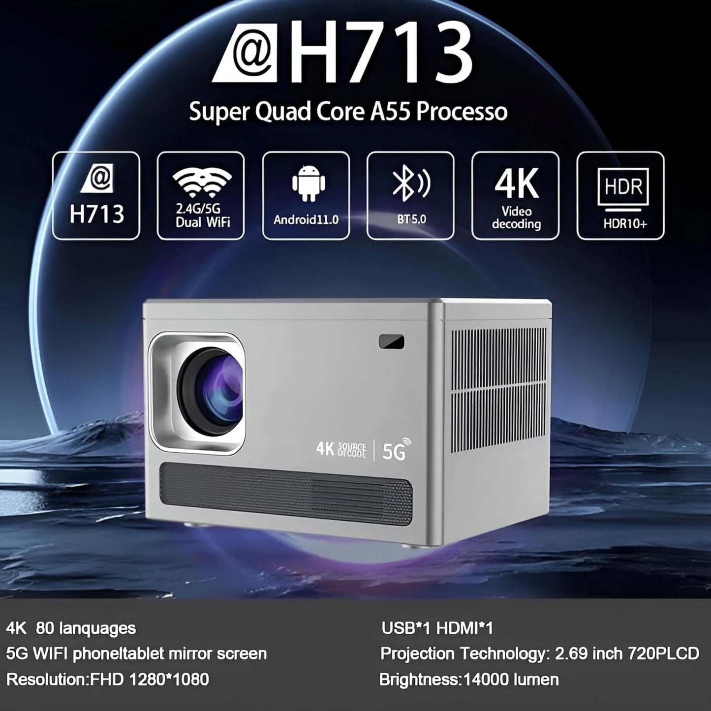 4K Smart Projector Full HD 1080p – Native FHD with 700 ANSI Lumens, Android OS, Auto Keystone, Wi-Fi & Bluetooth Connectivity – Compact Portable Home Cinema Projector for Movies & Gaming