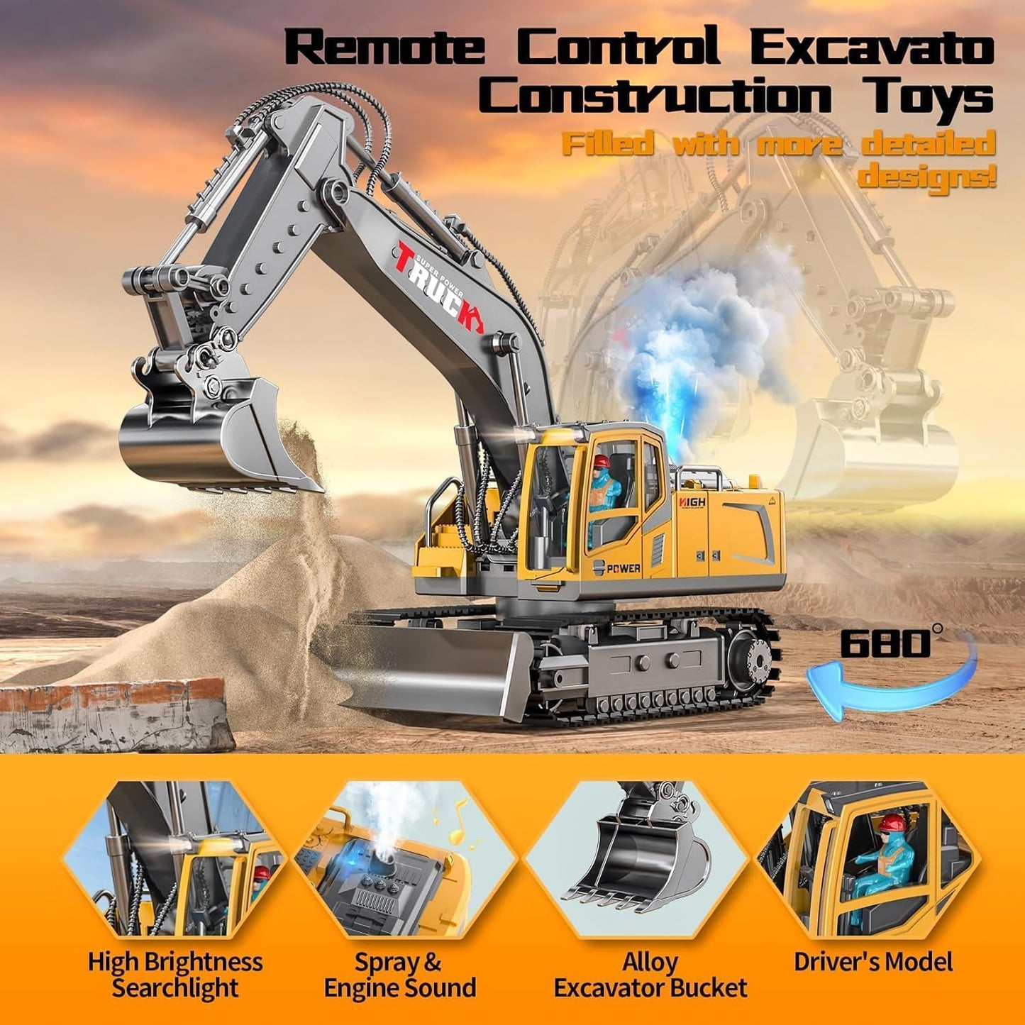 RC Metal Excavator, 13-channel with metal shovel, Smoke, Sound & Lights & 680° Rotation Vehicle for Boys & Adults