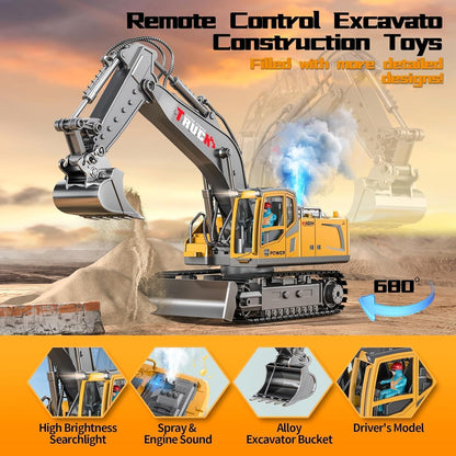 RC Metal Excavator, 13-channel with metal shovel, Smoke, Sound & Lights & 680° Rotation Vehicle for Boys & Adults