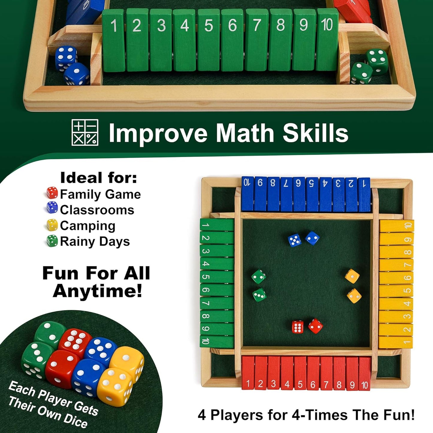 Wooden 8 Dice Shut The Box Color full Board Game for Kids & Family, 4 Player Color Edition Dice Game, Educational Math Learning Toy, Strategy Indoor Game & Birthday Gift for Boys & Girls [Color Edition]