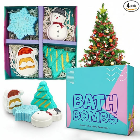 Christmas Holiday Aqua Fragrance Bath Bomb Set || Handcrafted Relaxing Bath Bomb Gift Box for Kids, Men & Women (Pack of 4)