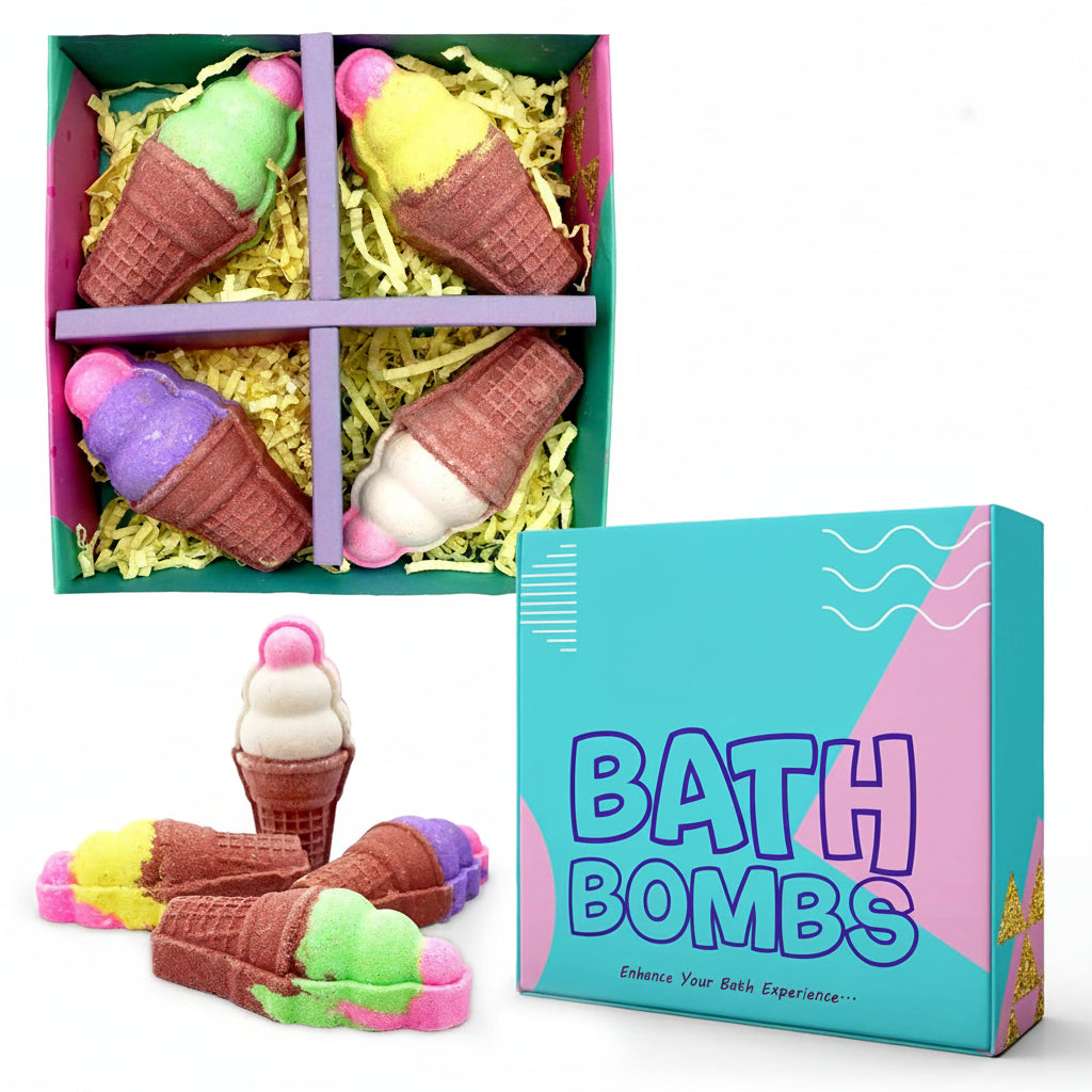 Ice Cream Cone Bath Bombs- 80 gm each (Pack of 4) - Natural Handcrafted Aromatic Fragrance - Perfect Bath Gift for Kids, Men & Women