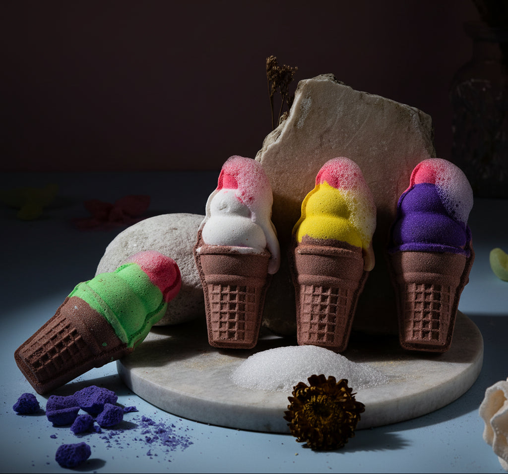 Ice Cream Cone Bath Bombs- 80 gm each (Pack of 4) - Natural Handcrafted Aromatic Fragrance - Perfect Bath Gift for Kids, Men & Women