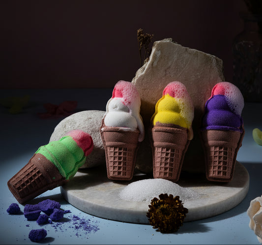 Ice Cream Cone Bath Bombs- 80 gm each (Pack of 4) - Natural Handcrafted Aromatic Fragrance - Perfect Bath Gift for Kids, Men & Women