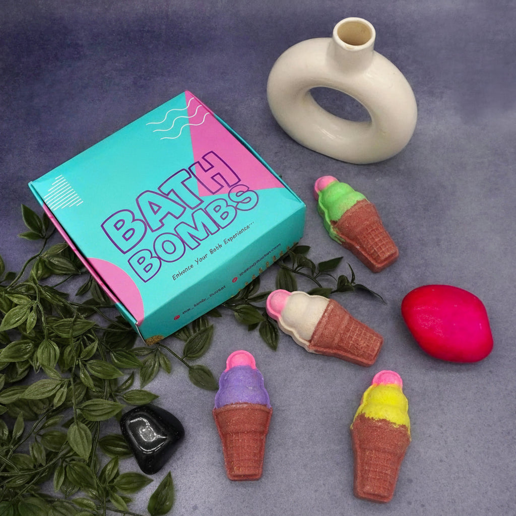 Ice Cream Cone Bath Bombs- 80 gm each (Pack of 4) - Natural Handcrafted Aromatic Fragrance - Perfect Bath Gift for Kids, Men & Women