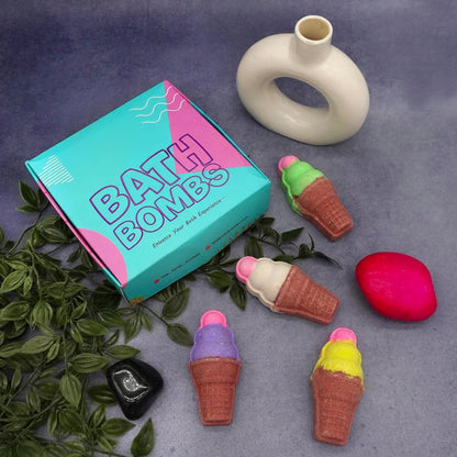 Ice Cream Cone Bath Bombs- 80 gm each (Pack of 4) - Natural Handcrafted Aromatic Fragrance - Perfect Bath Gift for Kids, Men & Women