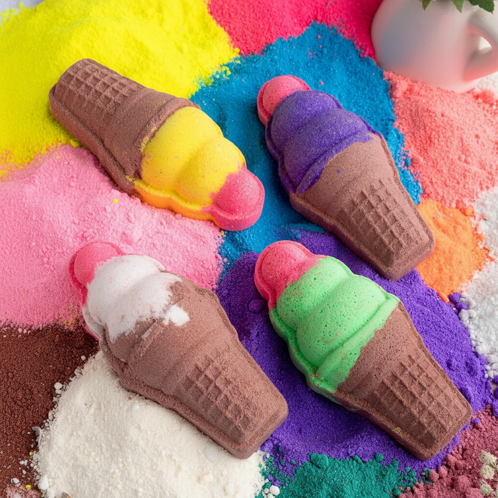 Ice Cream Cone Bath Bombs- 80 gm each (Pack of 4) - Natural Handcrafted Aromatic Fragrance - Perfect Bath Gift for Kids, Men & Women