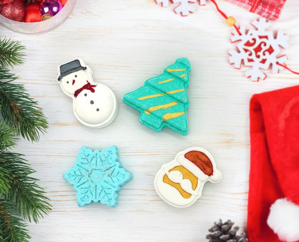 Christmas Holiday Aqua Fragrance Bath Bomb Set || Handcrafted Relaxing Bath Bomb Gift Box for Kids, Men & Women (Pack of 4)