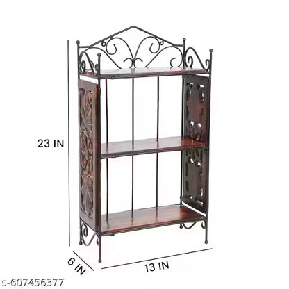 Wooden Wall Shelf with Wrought Iron Frame – 3-Tier Wall-Mounted Rack, Decorative Carved Side Panels