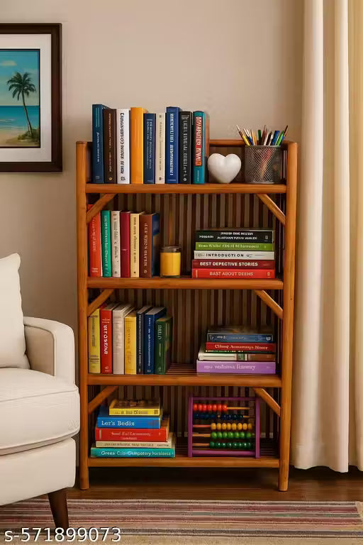 Cane Bookshelf | Wooden Rattan Shelf | 4-Tier Storage Shelf | Bamboo Display Rack |Eco-Friendly Storage Shelf Multipurpose Wooden Rack.