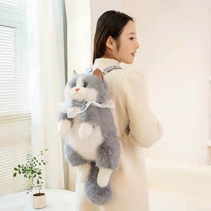 Cute Kitty Grey Furry Backpack and Shoulder Bag