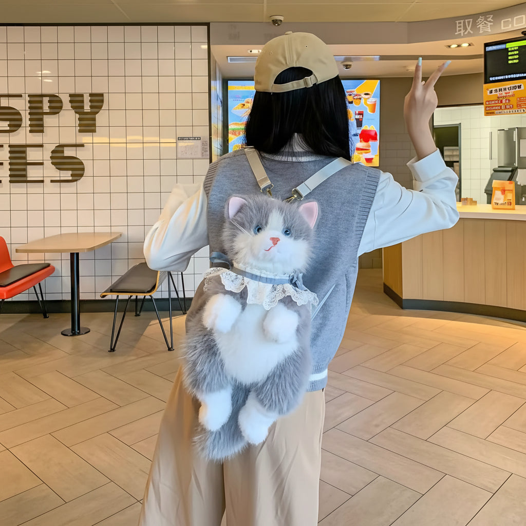 Cute Kitty Grey Furry Backpack and Shoulder Bag