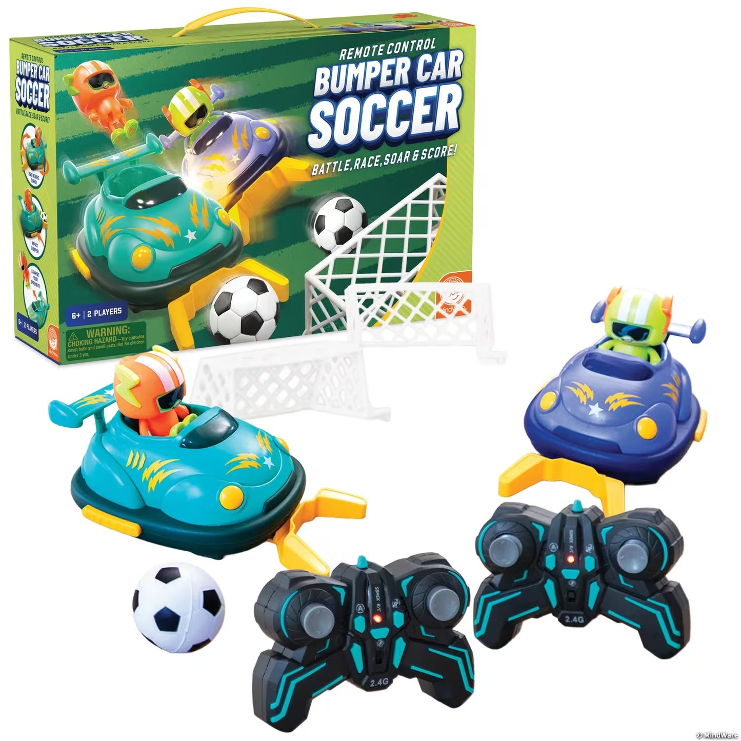 RC Bumper Soccer Car Toy Set | 2.4GHz RC Soccer Cars with Dual Controllers, Goal Nets & Football | Interactive Indoor Game | Gift for Kids Ages 6+