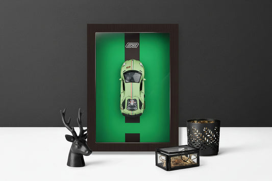 Premium 3D Green Car Wooden Frame Wall Art Diecast Model Metal Car Interactive Wall Decor with Openable Doors, Pull Back Display Car