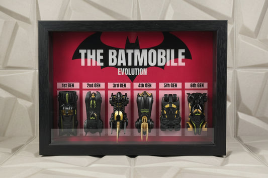 Premium Set of 6 The Batmobile 3D Car Wall Decor Wooden Red Frame for Die-Cast Cars, Auto Enthusiasts, Unique Models with Removable Die-Cast Cars Pull-Back Action Lights and Opening Doors Collectible Display for Car Lovers (Red Color)