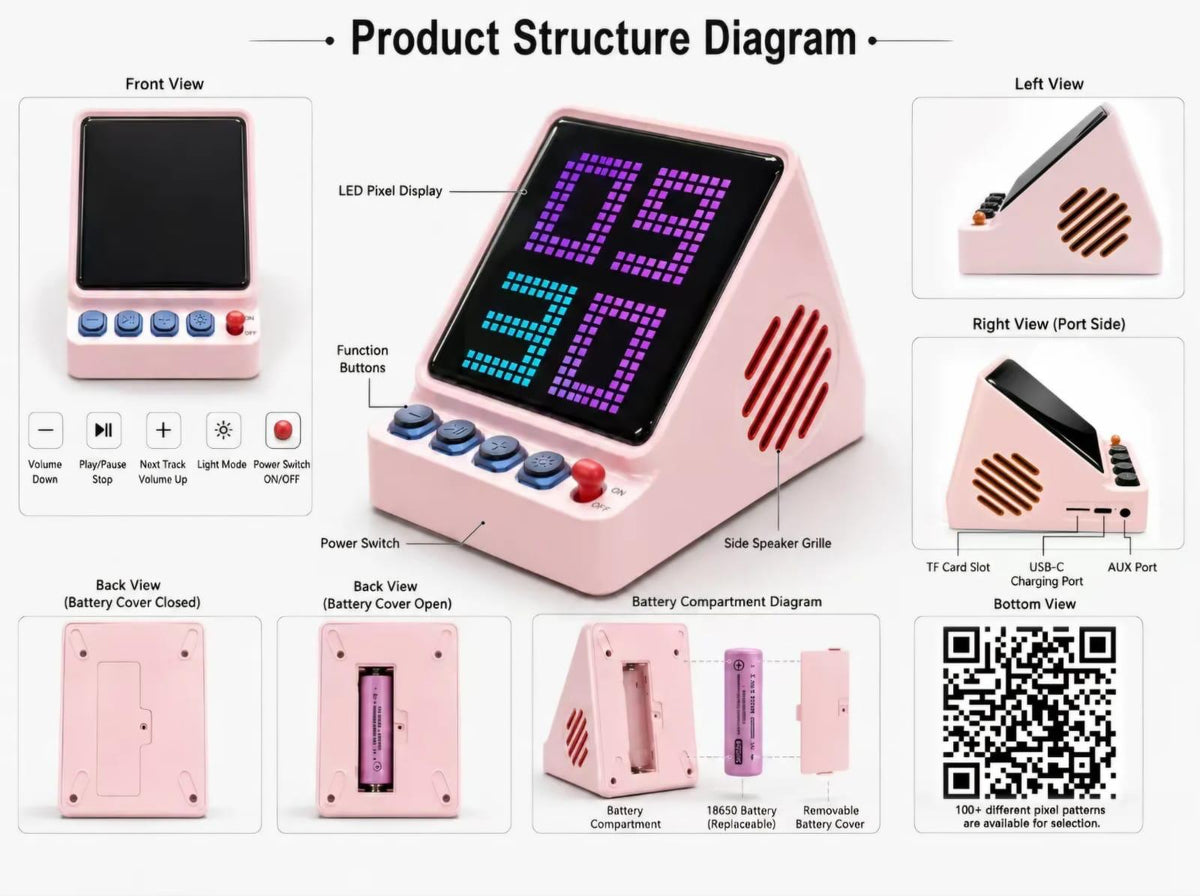 DIY Micro Pixel Art Clock Bluetooth Speaker with LED Display