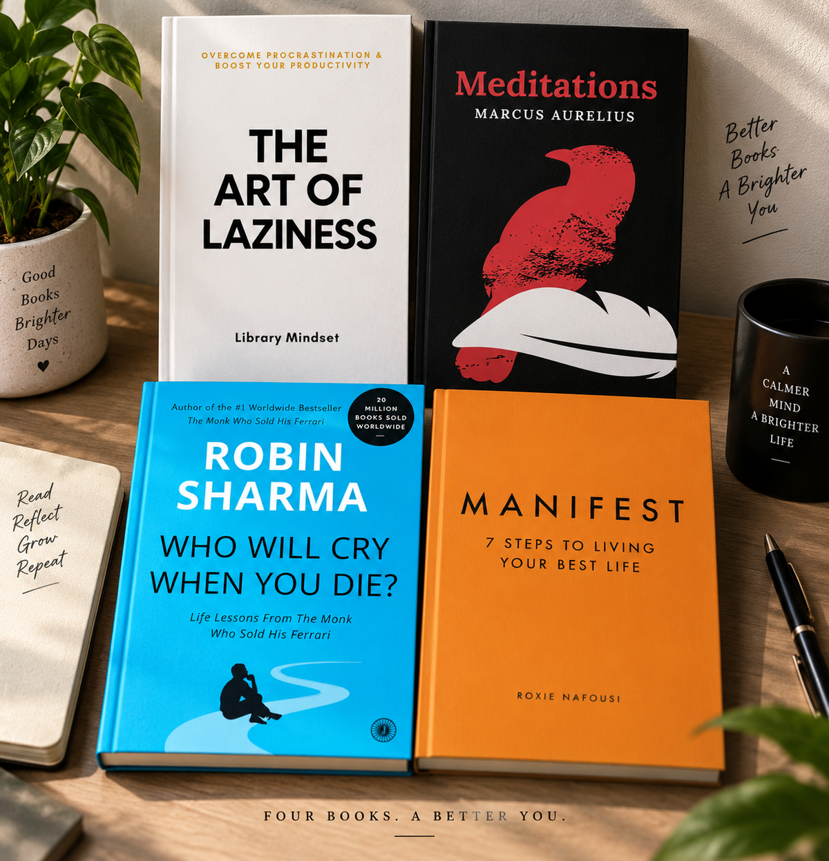 [COMBO] Inspiration 4 Books: Manifest, The Art of Laziness, Meditations, Who Will Cry When You Die