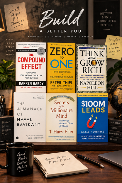 [COMBO] Wealth & Wisdom 6 Books: Zero to One, $100M Leads, The Almanac of Naval Ravikant, The Compound Effect, Secrets of Millionaire Mind, Think and Grow Rich