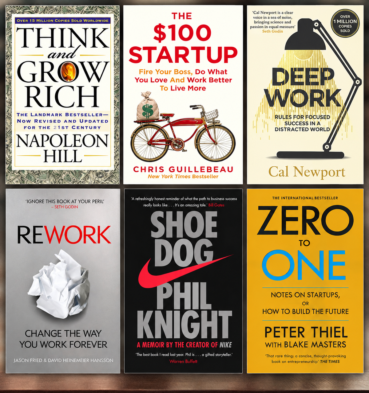 [COMBO] Success & Startup 6 Books: Zero to One, The $100 Startup, Rework, Deep Work, Shoe Dog, Think and Grow Rich