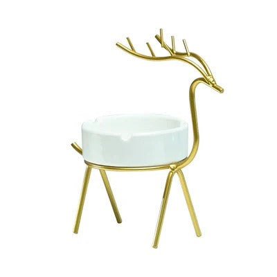 Deer Style Ceramic Ashtray With Golden Metal Stand