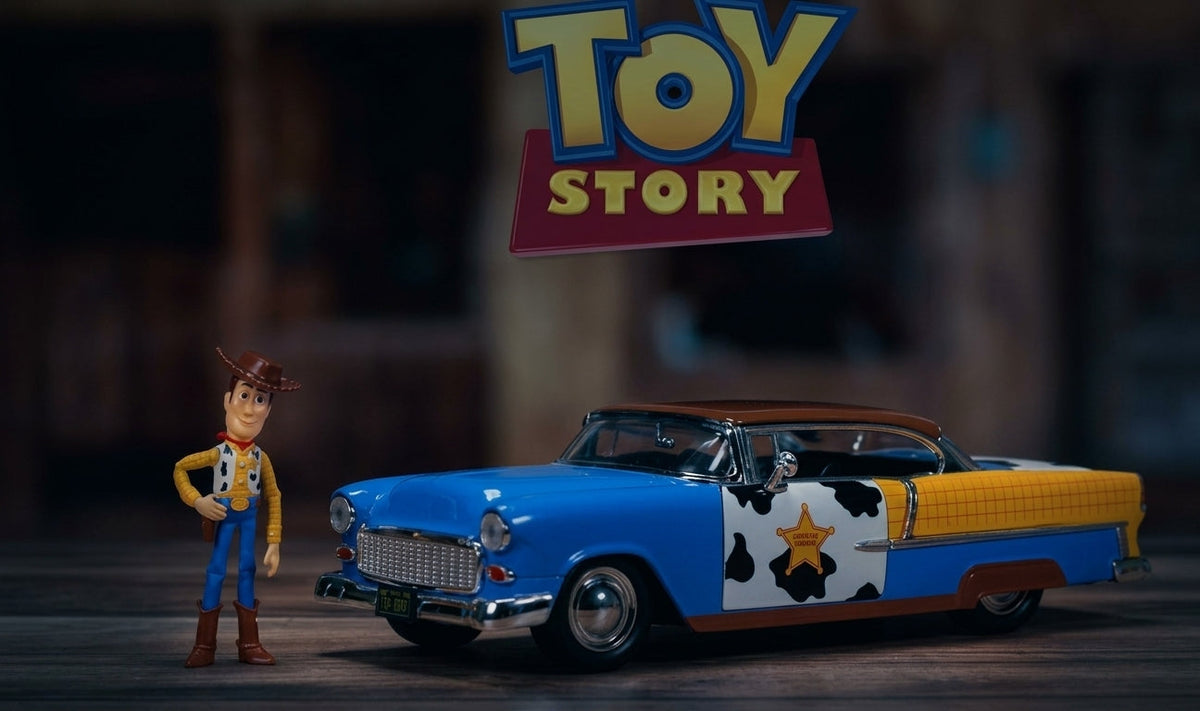 Toy Story Woody 1955 Chevrolet Bel Air Die-Cast Car with Figure 1:24 Scale – Hollywood Rides Collectible Toys