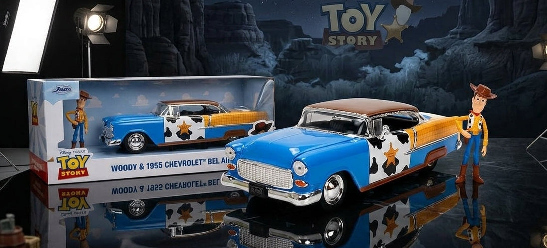 Toy Story Woody 1955 Chevrolet Bel Air Die-Cast Car with Figure 1:24 Scale – Hollywood Rides Collectible Toys