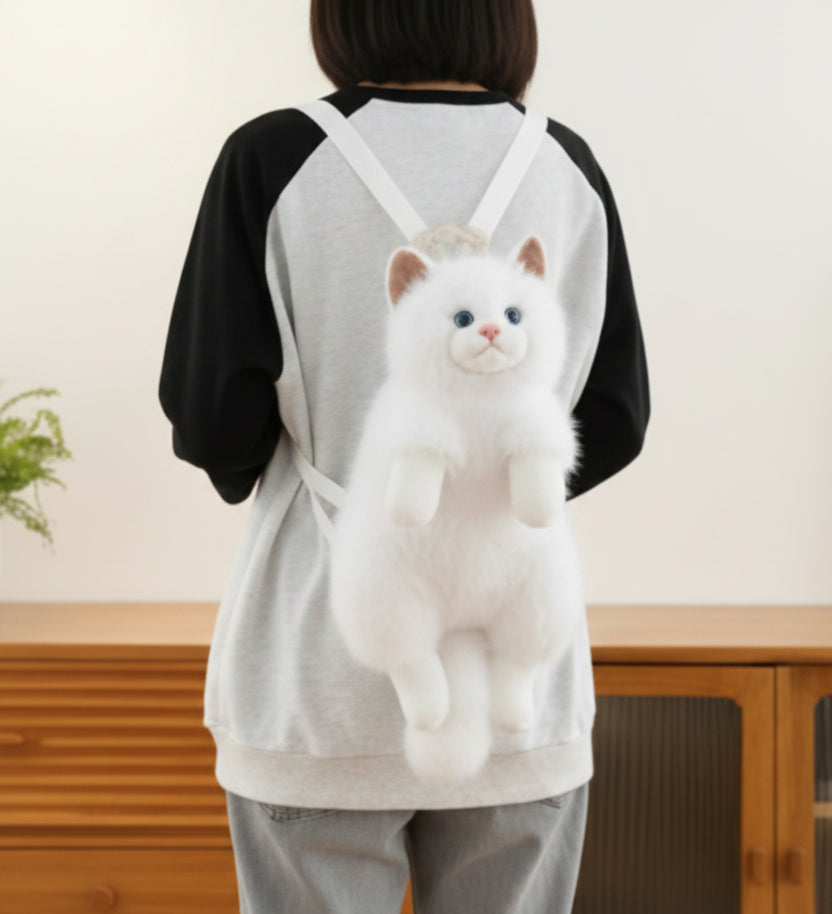 White Kitty Soft Faux Fur Backpack and Shoulder Bag with Adjustable Straps