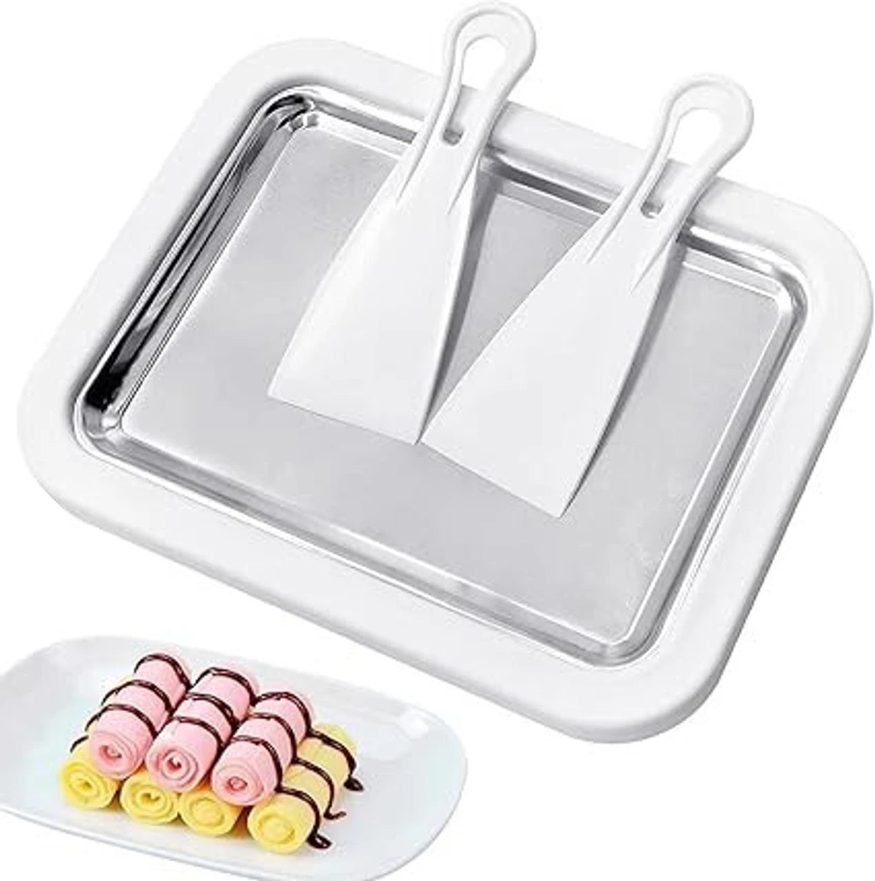 Instant Ice Cream Maker Tray with Scraper, Manual Roll Pan for Frozen Yoghurt and Desserts