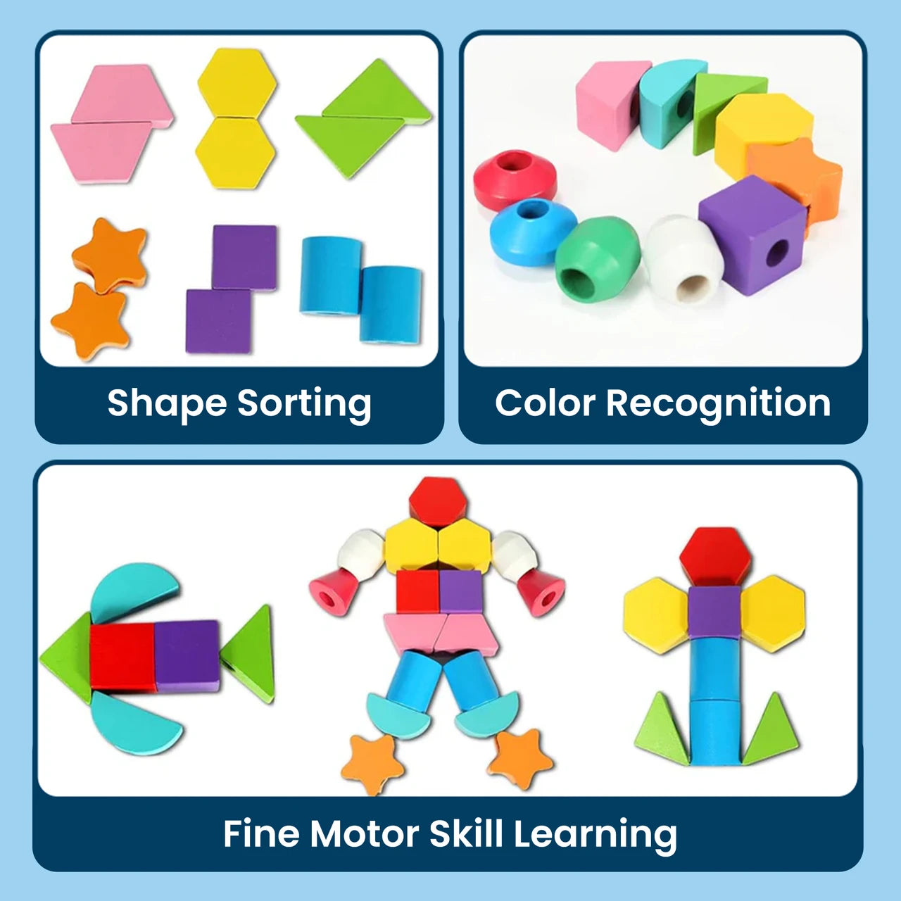 2-in-1 Wooden Montessori Shape Stacking and Lacing Threading Toys for Toddlers Fine Motor Skills Development Wooden Stacking Blocks, Lacing Beads