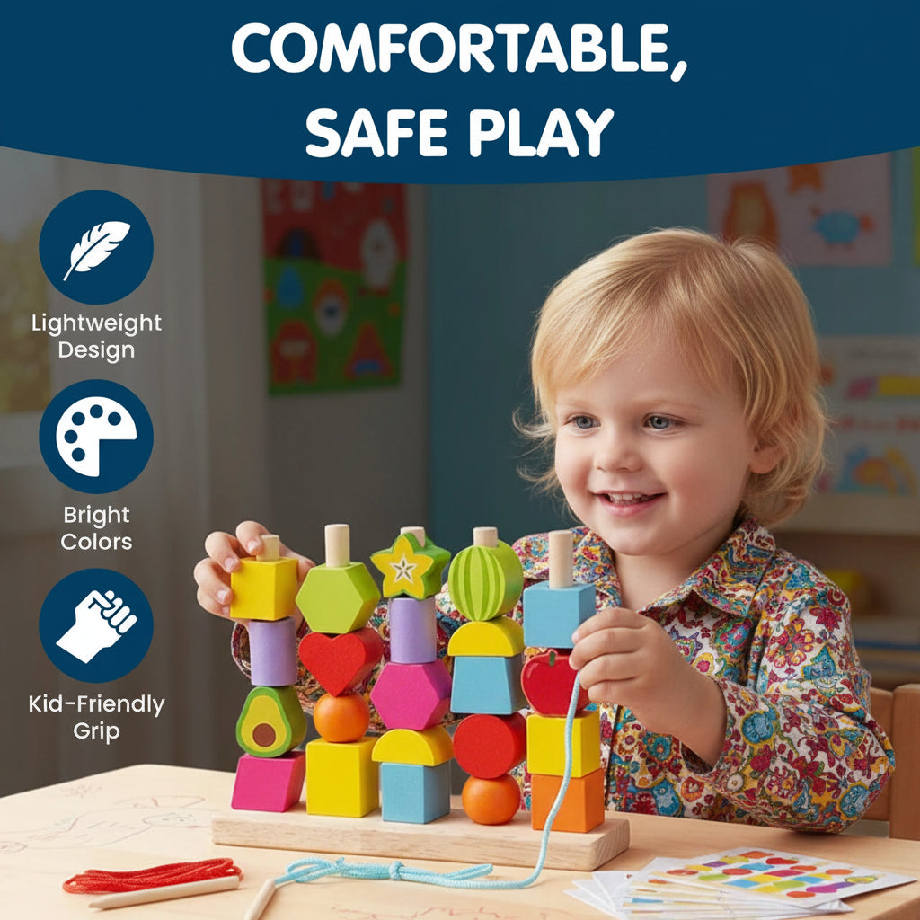 2-in-1 Wooden Montessori Shape Stacking and Lacing Threading Toys for Toddlers Fine Motor Skills Development Wooden Stacking Blocks, Lacing Beads