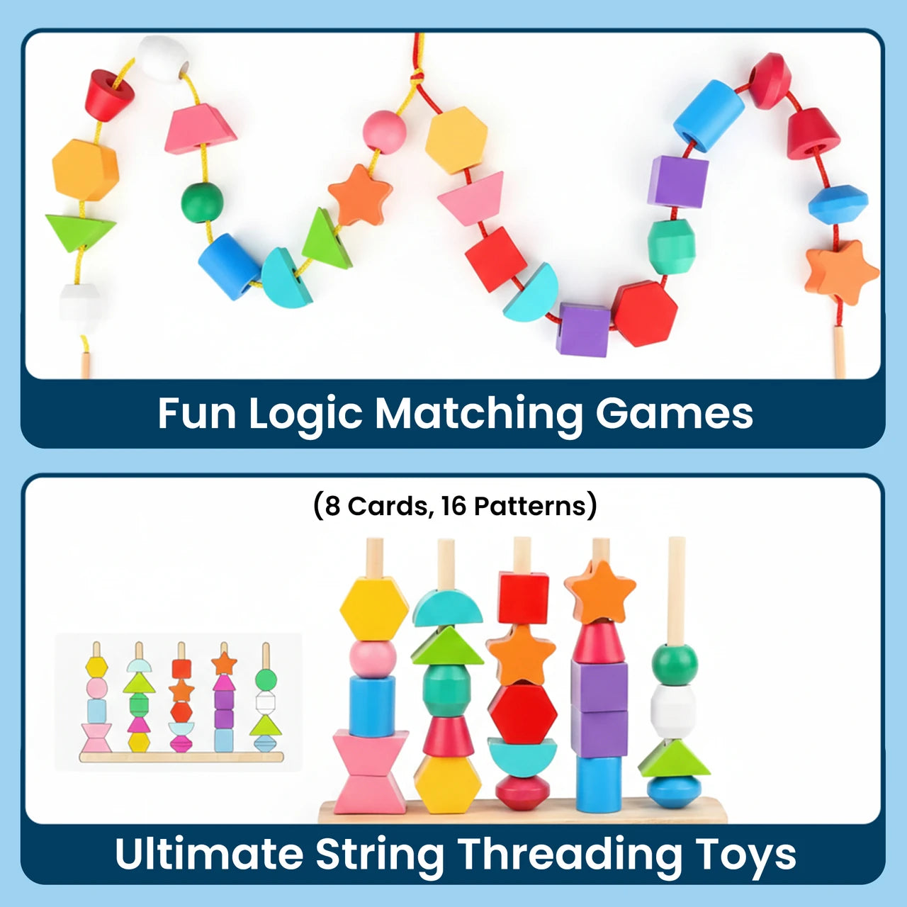 2-in-1 Wooden Montessori Shape Stacking and Lacing Threading Toys for Toddlers Fine Motor Skills Development Wooden Stacking Blocks, Lacing Beads