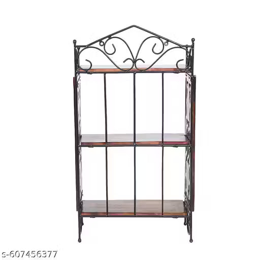 Wooden Wall Shelf with Wrought Iron Frame – 3-Tier Wall-Mounted Rack, Decorative Carved Side Panels