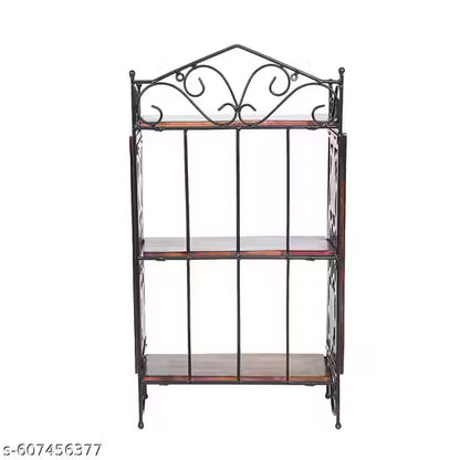 Wooden Wall Shelf with Wrought Iron Frame – 3-Tier Wall-Mounted Rack, Decorative Carved Side Panels