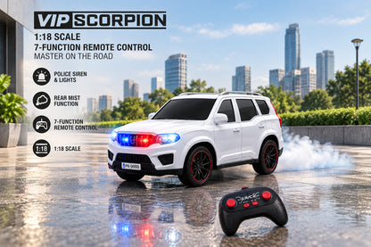 VIP Scorpion Spray RC SUV 1:18 Scale, 7 Function Remote Control with Smoke, Rechargeable Remote Control Car with LED Lights Music, USB Charging, 2.4GHz Controller, Toy Car for Kids