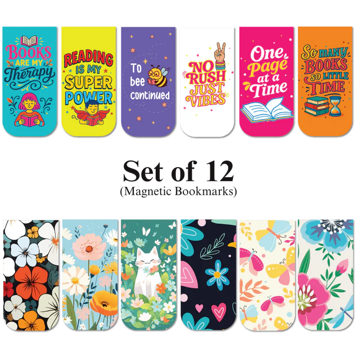 Book Lovers & Cute Floral Magnetic Bookmarks (Set of 12)